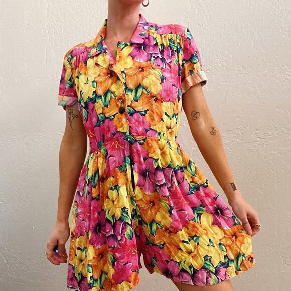 Vintage 1990's Colorful Hawaiian Flower Printed Front Button Up Romper - Picture 2 of 6